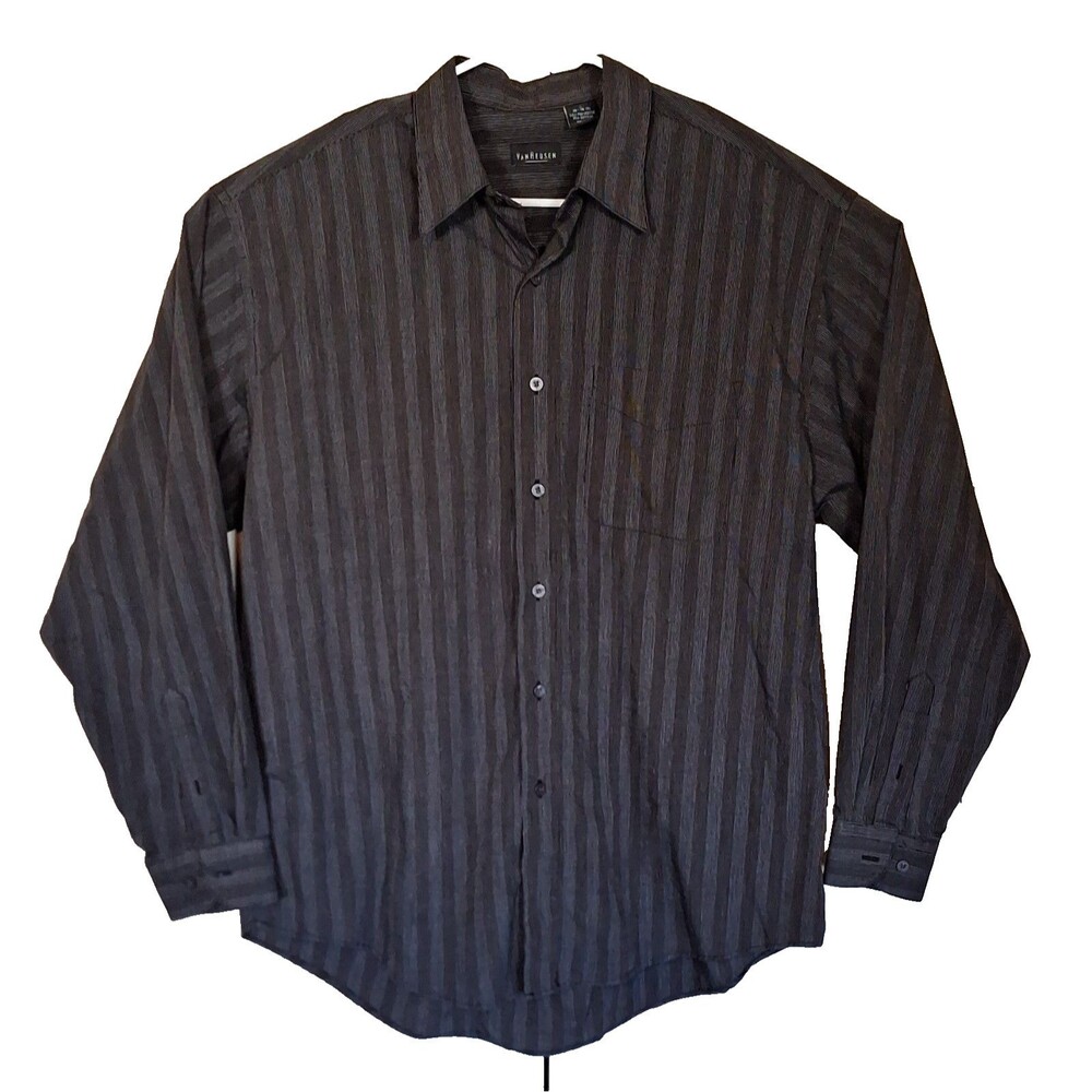 Van Heusen Dress Shirt Men's M 16-16.5 Striped Black Button Up Longsleeve EUC